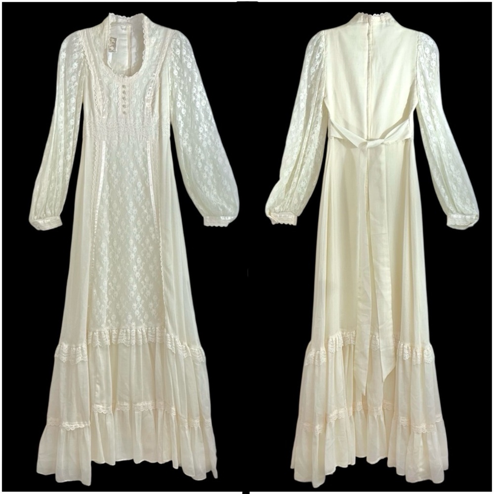70s Gunne Sax Maxi Prairie Dress Ivory Cream 5 - XS
